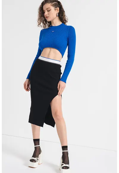 Fusta cu talie inalta si slit lateral - Negru