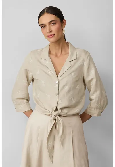 Bluza din amestec de lyocell cu maneci trei sferturi - Maro camel