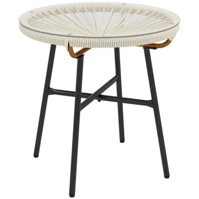 Outsunny Masă de cafea rotundă de grădină din rășină imitație rotin metal și blat sticlă temperată Ø 50 x 50 cm crem | Aosom Romania