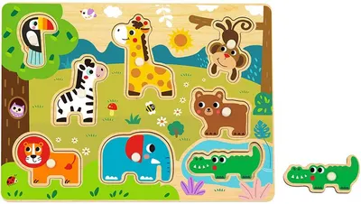 Puzzle din lemn pentru copii Hi Pando din 8 piese - Animale sălbatice