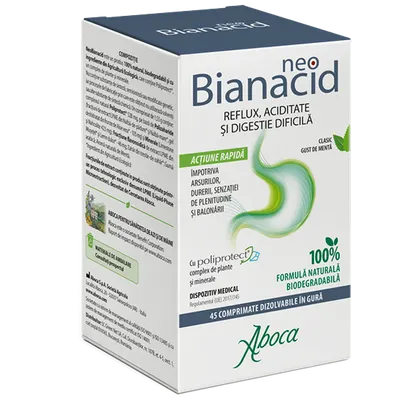 NeoBianacid cu poliprotect pentru aciditate si reflux, 45 comprimate, Aboca