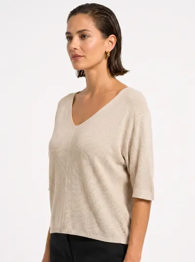 Bluza fin tricotata bob de orez, cu maneca fluture 3 4, bej inchis
