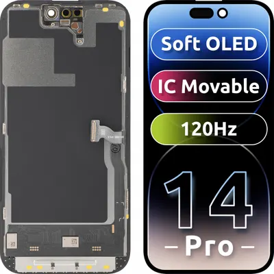 Display cu Touchscreen MP compatibil cu Apple iPhone 14 Pro, cu Rama, Versiune Soft OLED FHD 120Hz IC Movable, Negru