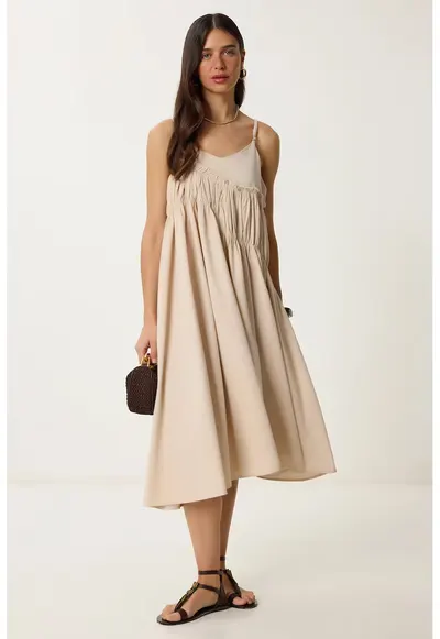 Rochie Midi - Happiness Istanbul - Volane - Crem - Bumbac