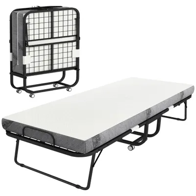 HOMCOM Pat Pliabil Single 90x200 cm cu Saltea de 10 cm Grosime, Cadru din Metal și Roți cu Frână, Negru | Aosom Romania
