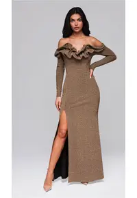 Rochie lunga eleganta cu umerii goi si volan amplu LA-OM-DLR002 - Auriu