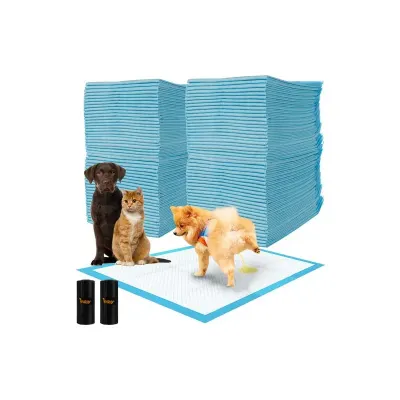 Set 100 covorase absorbante pentru caini si pisici, 2 role pungi incluse, 60x90cm, alb/albastru