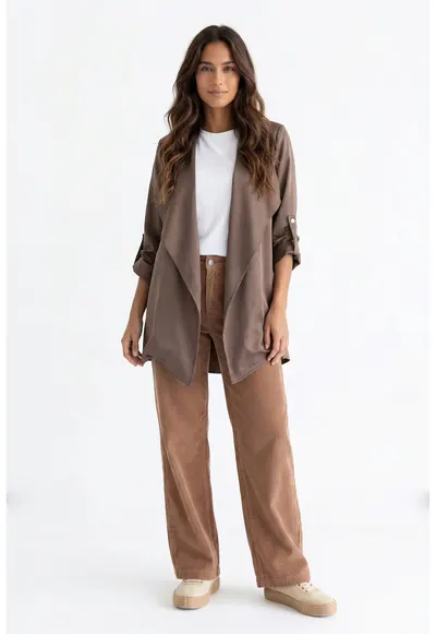 Palton de primavara scurt - oversize - cu rever si maneca lunga - fara inchidere - M1353 - Maro