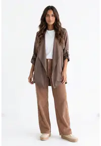Palton de primavara scurt - oversize - cu rever si maneca lunga - fara inchidere - M1353 - Maro