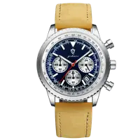 Gohuos, Ceas barbatesc, Quartz, Cronograf, Analog, Data, Piele naturala, Maro Albastru