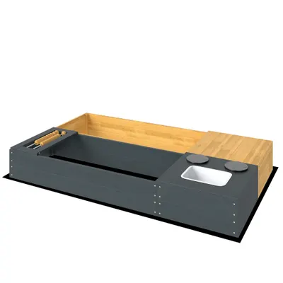 AIYAPLAY Set ladă pentru nisip 2 piese 150x90 cm lemn ladă de nisip cu bancă spațiu depozitare plită chiuvetă detașabilă mărgele abac Galben | Aosom Romania