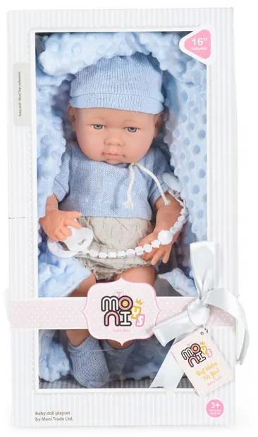 Păpușă-bebe Moni Toys - Cu păturică albastră și căciuliță, 41 cm