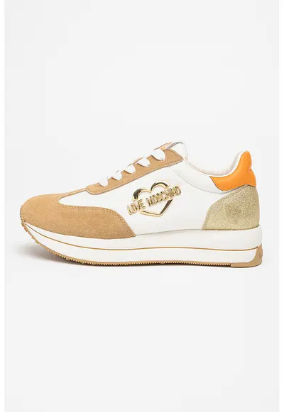 Pantofi sport low-cut cu logo si garnituri din piele intoarsa - Bej/Portocaliu mandarina/Alb murdar