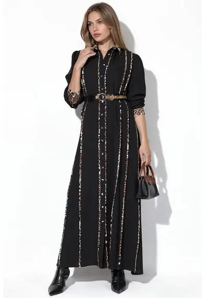 Rochie camasa Maxi - imprimeu leopard - negru - maneca lunga - poliester