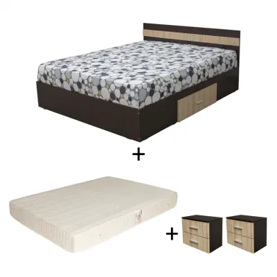 Set Pat Alma, cu sertar, sonoma inchis + sonoma deschis + Saltea superortopedica, 160x200 cm + 2 Noptiere ALMA, 2 sertare