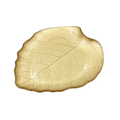 Platou din Sticlă cu Design Frunză – Ø28 cm | Decor Auriu Elegant