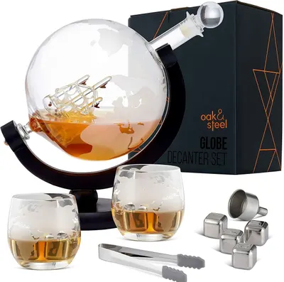 Set de whisky Oak & Steel - Globus, carafă cu 2 pahare si accesorii