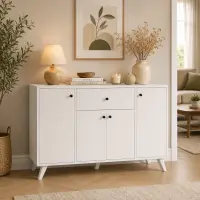 RESIGILAT - Dulap multifunctional 120x43,4x89 cm, cu 4 usi si sertare, pentru bucatarie, camara sau colt de cafea, alb