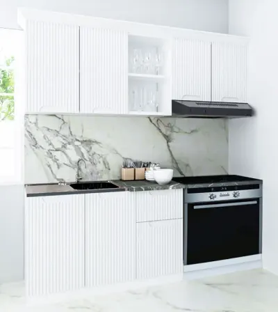 Set bucatarie SPACE 180 cm, 4 corpuri, blat termorezistent, fronturi MDF, alb rustic