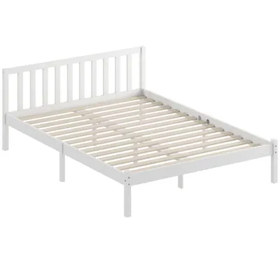 HOMCOM Cadru de pat din lemn masiv 140x190 cm pat simplu cu tăblie și somieră cu lamele solidă pentru copii și adulți | Aosom Romania