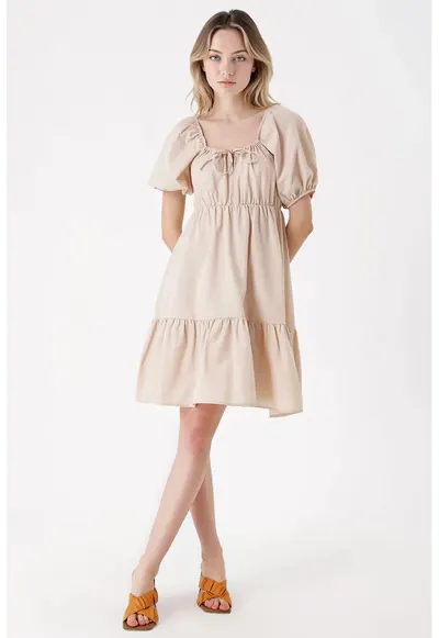 Rochie mini dama - HiCCUP - forma A - bumbac/poliester - bej