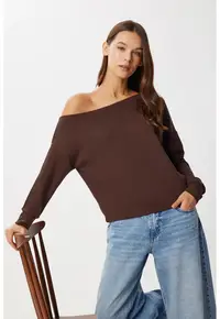 Bluza dama - Happiness Istanbul - bluza cu guler asimetric - croiala lejera - maro mocha - viscoza-elastan