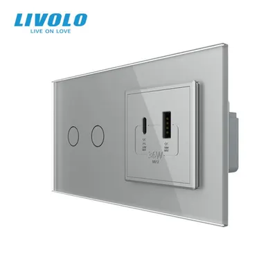 Intrerupator dublu + priza USB tip A si tip C, generatia noua, cu rama sticla Gri