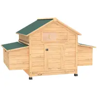 PawHut Coteț din Lemn cu 2 Căsuțe, Coteț pentru Găini de Exterior cu Acoperiș Impermeabil, Tavă Detașabilă și Bare, Adăpost pentru 2-4 Găini, Rațe, Grădină, 150x100x96,5 cm, Galben | Aosom Romania