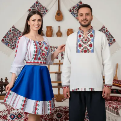Set Cuplu 644 Camasa Traditionala si Rochie Stilizata cu motive traditionale