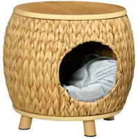 Peșteră pentru pisici Pawhut din Iarbă de Apă, Pernă lavabilă, 44 cm x 43 cm x 42 cm Maro deschis + Lemn natural + Gri | Aosom Romania