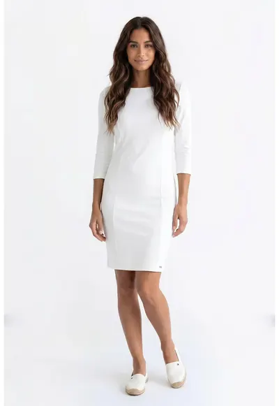 Rochie eleganta midi - croiala dreapta - cu decolteu rotund si maneci 3/4 - cu inchidere cu fermoar - M1351 - Ecru