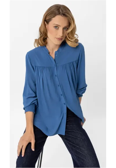 Bluza dama lejera - plisata - K-Enet - cu nasturi - maneci lungi cu mansete elastice - Albastru - Albastru