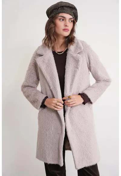 Palton lung texturat guler de jacheta - bej natural - textil