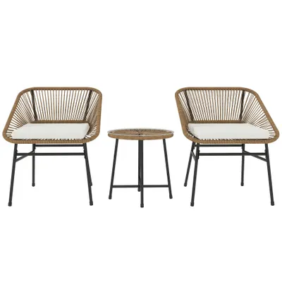 Outsunny Set Bistro din 3 Piese cu Măsuță de Cafea cu Blat de Sticlă și 2 Scaune, Φ45x46 cm, Natural | Aosom Romania