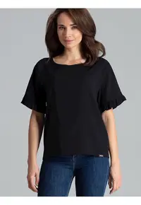 Bluza dama neagra - maneci scurte - decolteu semicircular - volan delicat - poliester.