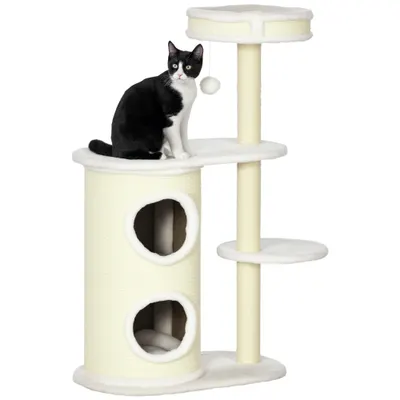 PawHut Copac de zgâriat cu casă pentru zgâriat, 1 pat pentru pisică și jucărie pentru pisică, 59 cm x 35 cm x 100 cm, Crem | Aosom Romania