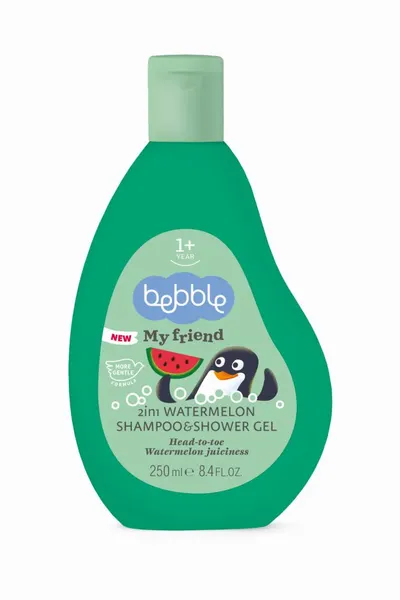 Gel de dus si sampon 2in1 pentru copii Bebble My Friend cu aroma de Pepene verde, cu vitamina B3, panthenol, cantitate 250 ml