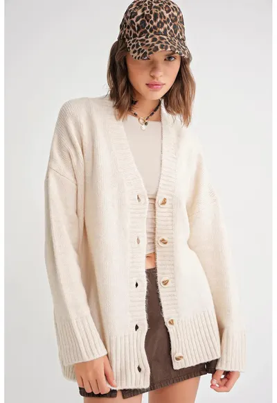 Cardigan dama - Decolteu in V - Alb natural - Tricot