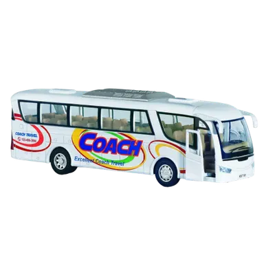Autobuz sportiv die-cast Coach, cu functie pull-back, 18 cm lungime, alb