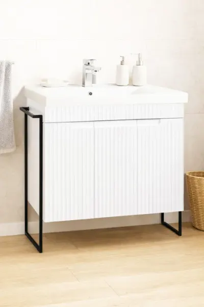 Set Baza front MDF si Lavoar seria 733, cadru metalic, montata, 80 cm, alb rustic