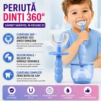 Periuta de dinti pentru copii, 2-6 ani, cu capac protectie, in forma de U, din silicon, periaj si curatare gingii 360, Albastru