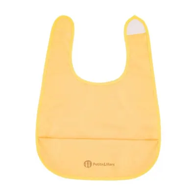 Baveta impermeabila cu buzunar PetiteMars Nate, fara pvc si ftalati, 37x27 cm, 6 luni+, prindere velcro, Ocru