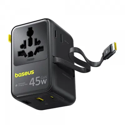 Incarcator Retea Cu Cablu USB-C Baseus Travel PicoGo AG11, 45W, 2 x Priza - 1 x USB-C - 2 x USB-A, Negru E0307F00