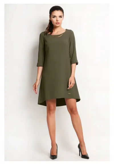 Rochie Trapez - Tip Midi - Asimetrica - Stil Casual - Elegant - Business - 58% Poliester - 37% Viscoza - 5% Elastan - Lungime Maneca 3/4 - Decolteu Rotund - Pentru Birou - Pentru Munca - Pentru Intalnire - Bleumarin - Verde masliniu