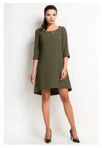 Rochie Trapez - Tip Midi - Asimetrica - Stil Casual - Elegant - Business - 58% Poliester - 37% Viscoza - 5% Elastan - Lungime Maneca 3/4 - Decolteu Rotund - Pentru Birou - Pentru Munca - Pentru Intalnire - Bleumarin - Verde masliniu