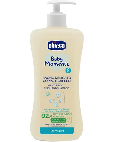 Gel de dus si sampon 2 in 1 fara lacrimi Baby Moments Baby Skin 0 luni +, 500ml, Chicco