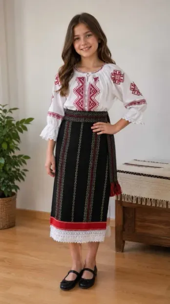 Set Catrinita Traditionala cu Brau pentru Fetiite - Rosu