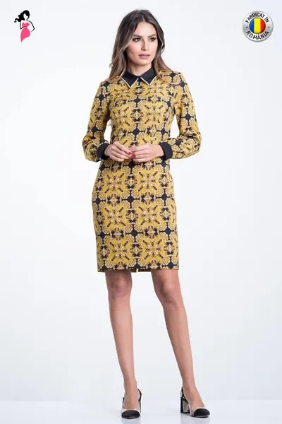 Rochie casual Xara mustar cu imprimeu fractal