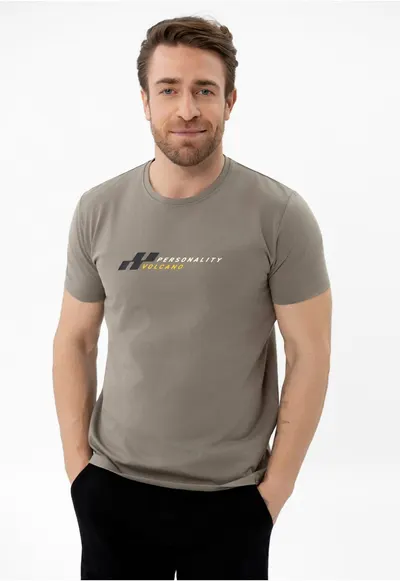Tricou brabati din bumbacu cu imprimeu pe piept - maneca scurta - Regular Fit - T-Subi - bej - Bej