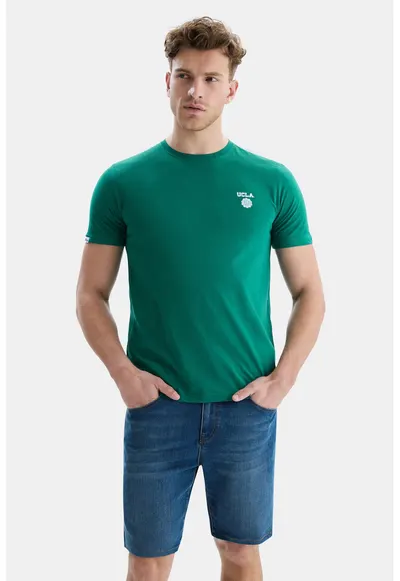 Tricou de bumbac cu decolteu la baza gatului - Verde aquamarin